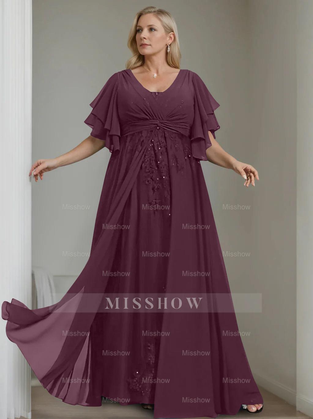 Unique Plus Size V-Neck A-Line Princess Floor-Length Mother of the Bride Dress with Sequins and Half Sleeve Ruffles