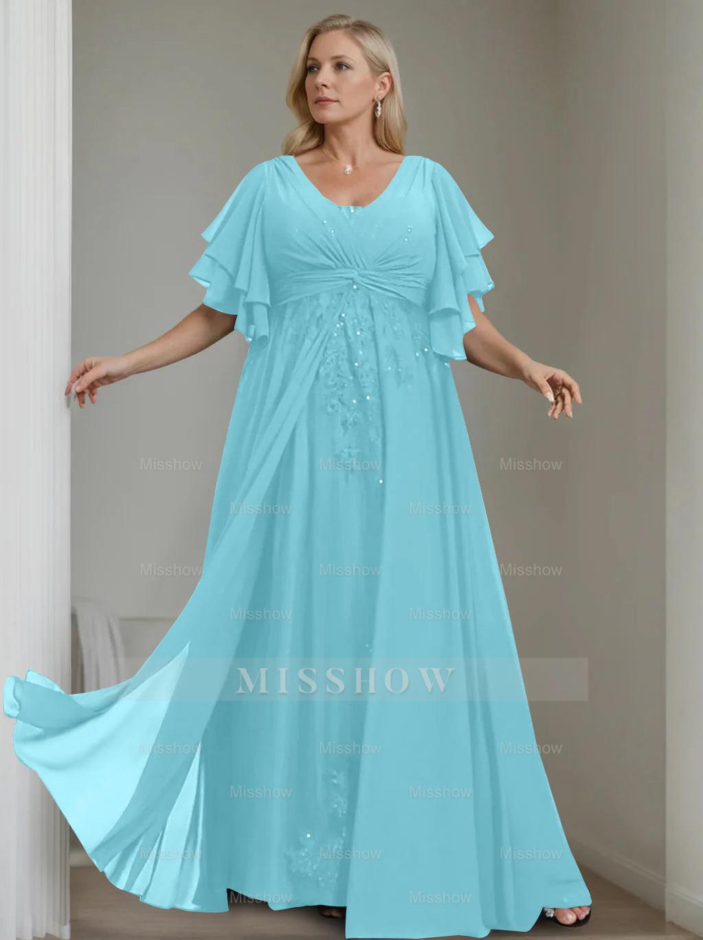 Unique Plus Size V-Neck A-Line Princess Floor-Length Mother of the Bride Dress with Sequins and Half Sleeve Ruffles