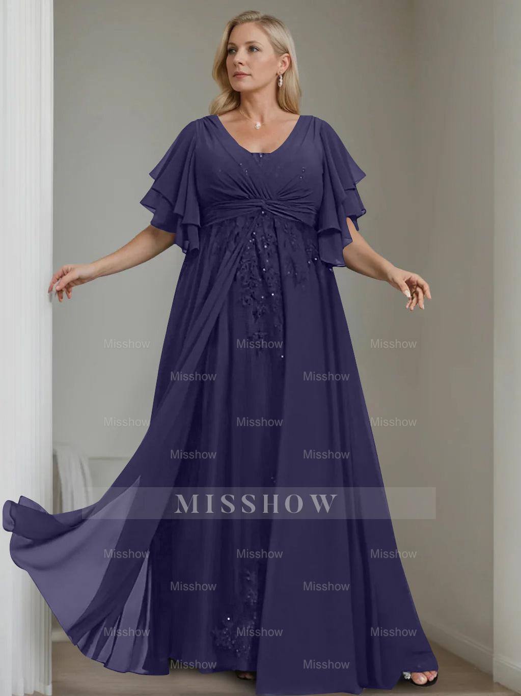 Unique Plus Size V-Neck A-Line Princess Floor-Length Mother of the Bride Dress with Sequins and Half Sleeve Ruffles