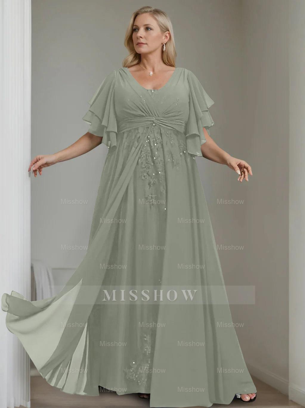 Unique Plus Size V-Neck A-Line Princess Floor-Length Mother of the Bride Dress with Sequins and Half Sleeve Ruffles