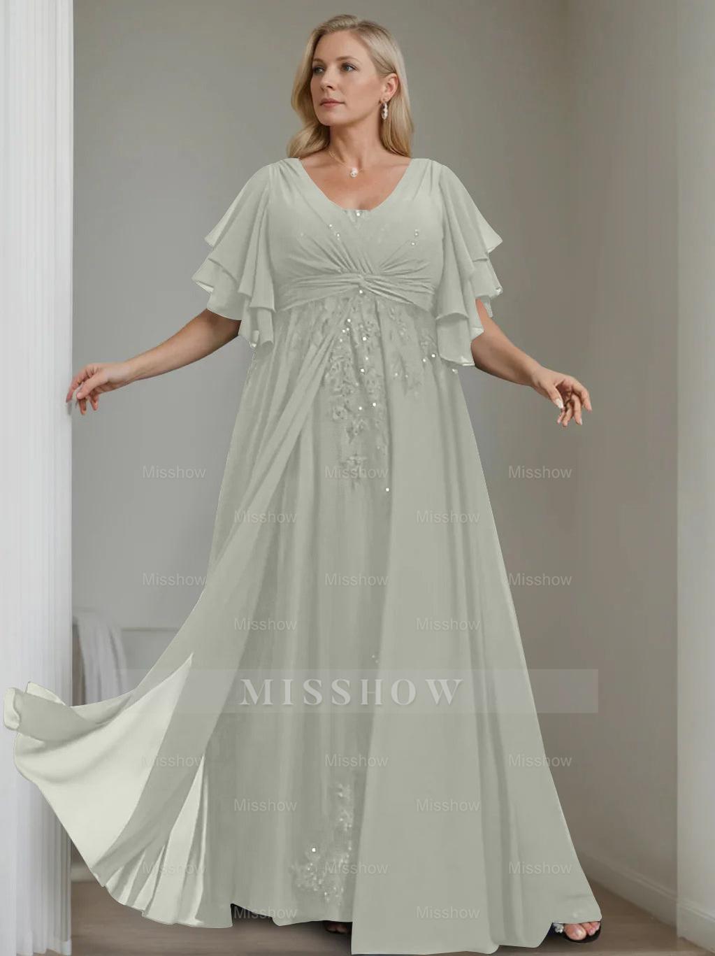 Unique Plus Size V-Neck A-Line Princess Floor-Length Mother of the Bride Dress with Sequins and Half Sleeve Ruffles
