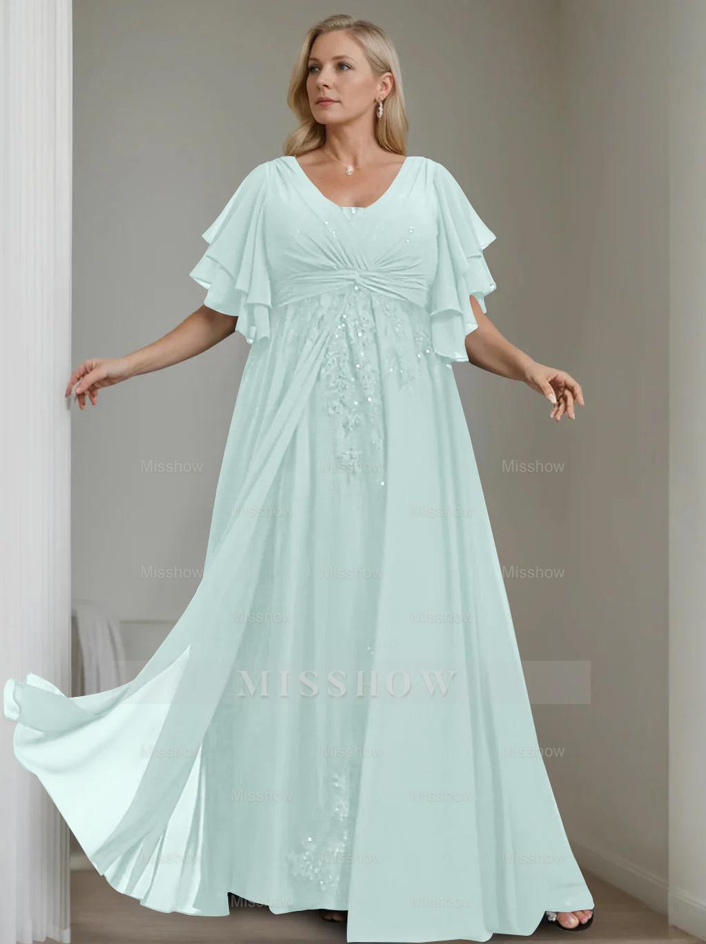 Unique Plus Size V-Neck A-Line Princess Floor-Length Mother of the Bride Dress with Sequins and Half Sleeve Ruffles