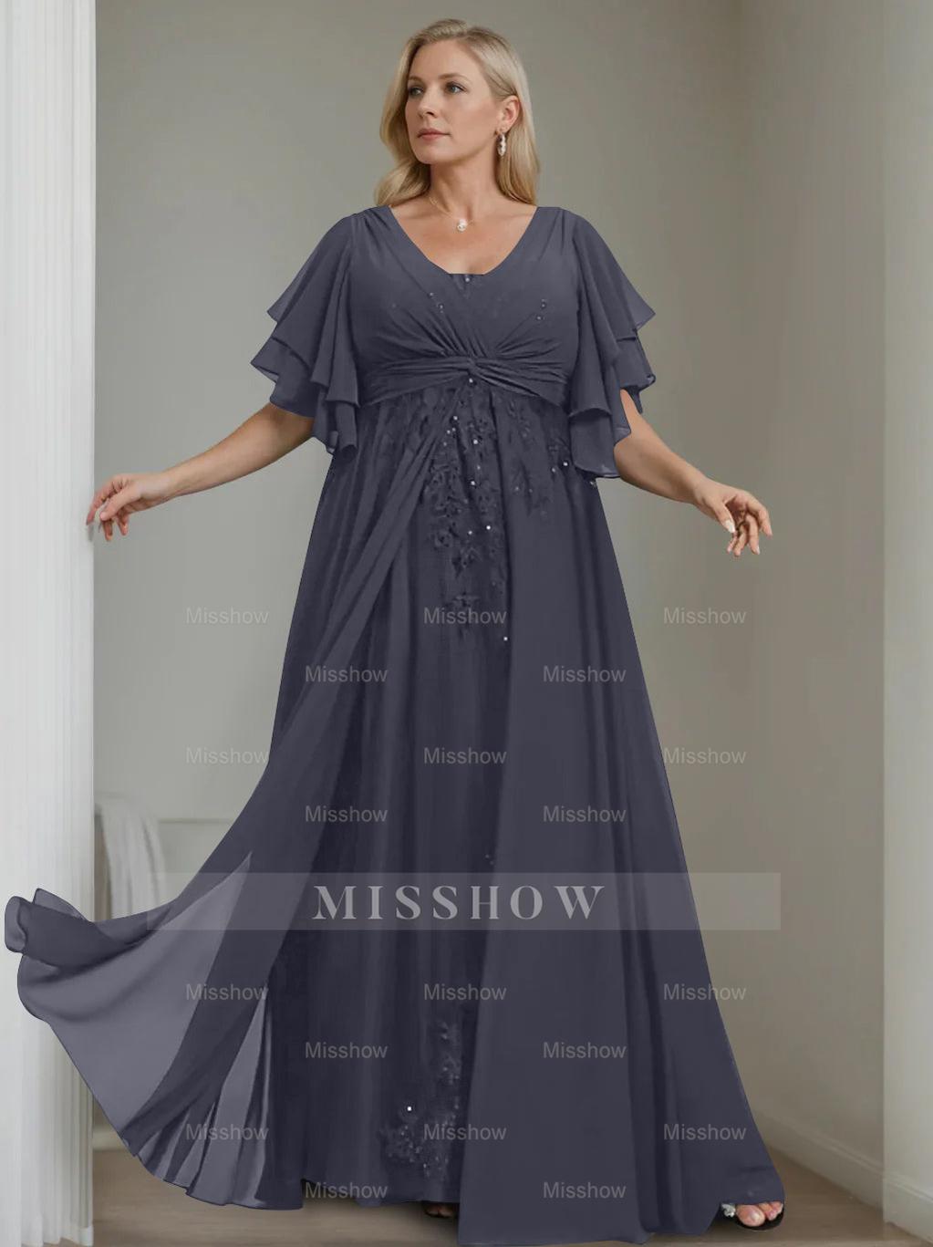 Unique Plus Size V-Neck A-Line Princess Floor-Length Mother of the Bride Dress with Sequins and Half Sleeve Ruffles