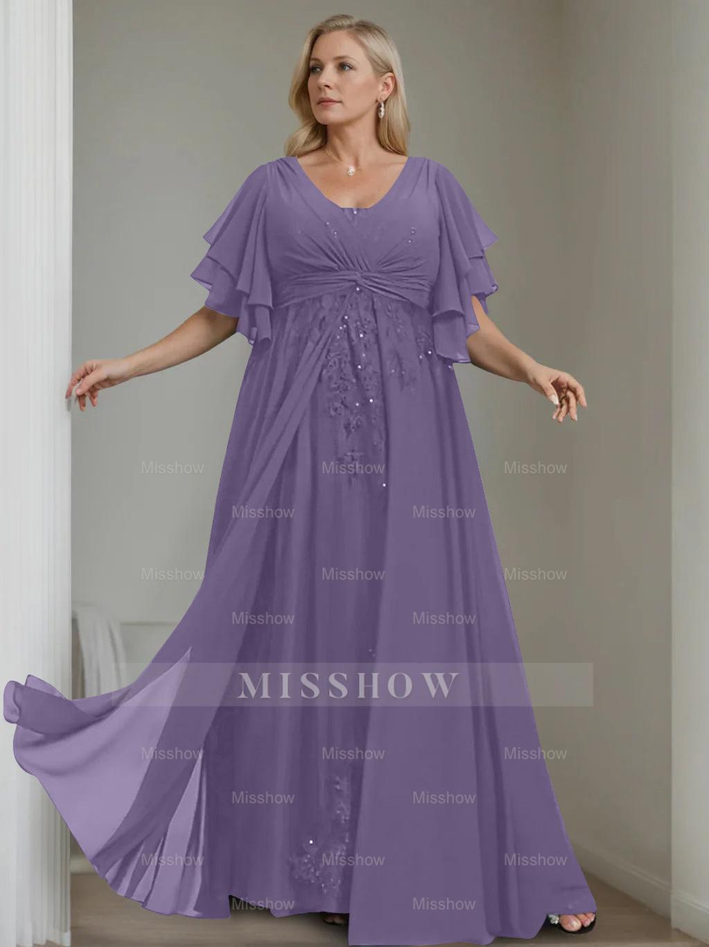 Unique Plus Size V-Neck A-Line Princess Floor-Length Mother of the Bride Dress with Sequins and Half Sleeve Ruffles