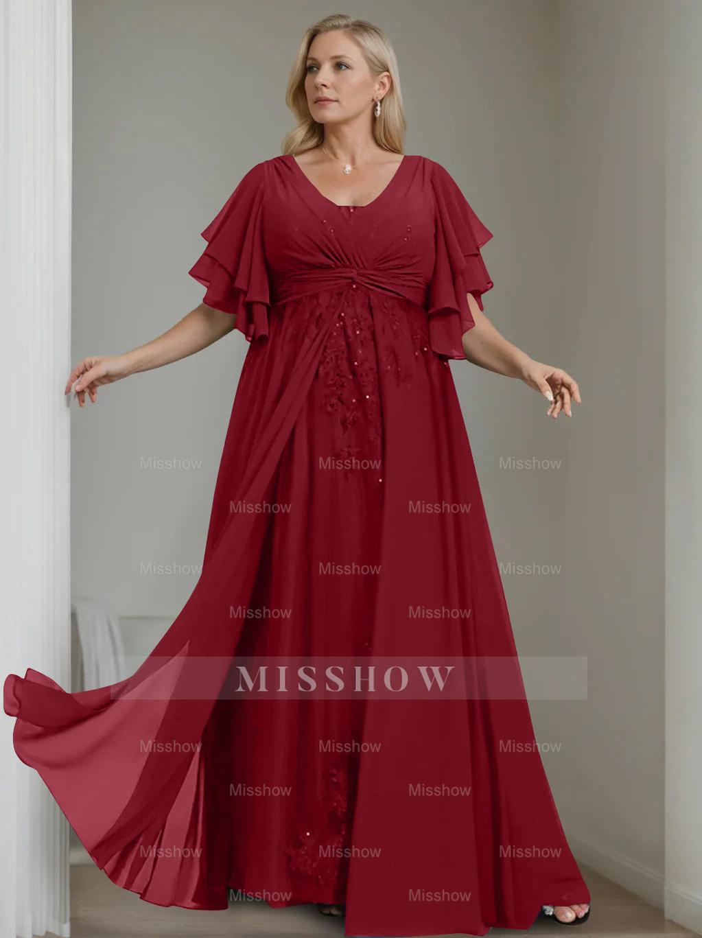 Unique Plus Size V-Neck A-Line Princess Floor-Length Mother of the Bride Dress with Sequins and Half Sleeve Ruffles