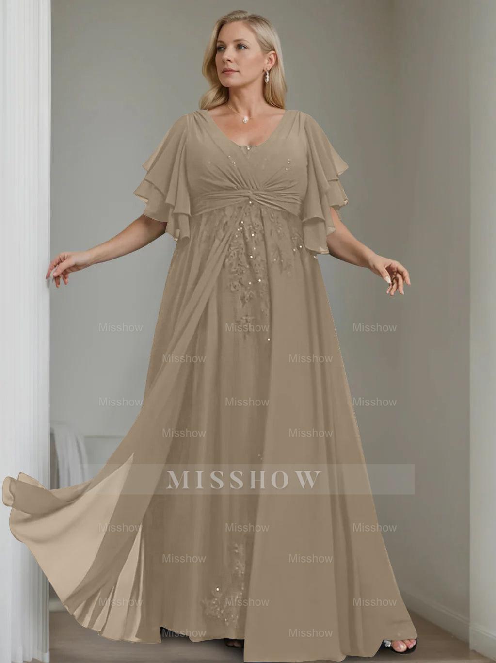 Unique Plus Size V-Neck A-Line Princess Floor-Length Mother of the Bride Dress with Sequins and Half Sleeve Ruffles