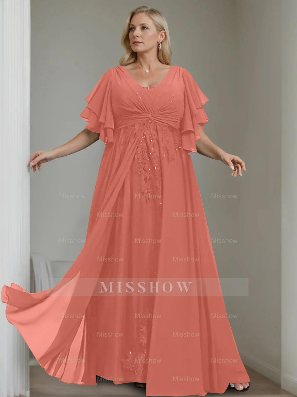 Unique Plus Size V-Neck A-Line Princess Floor-Length Mother of the Bride Dress with Sequins and Half Sleeve Ruffles
