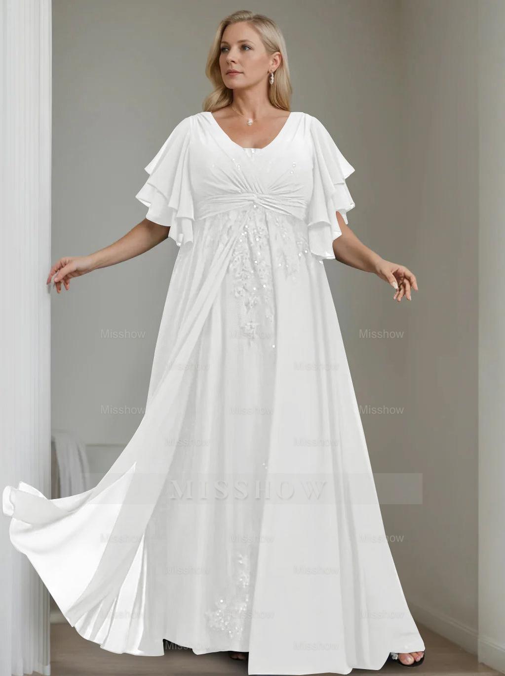 Unique Plus Size V-Neck A-Line Princess Floor-Length Mother of the Bride Dress with Sequins and Half Sleeve Ruffles