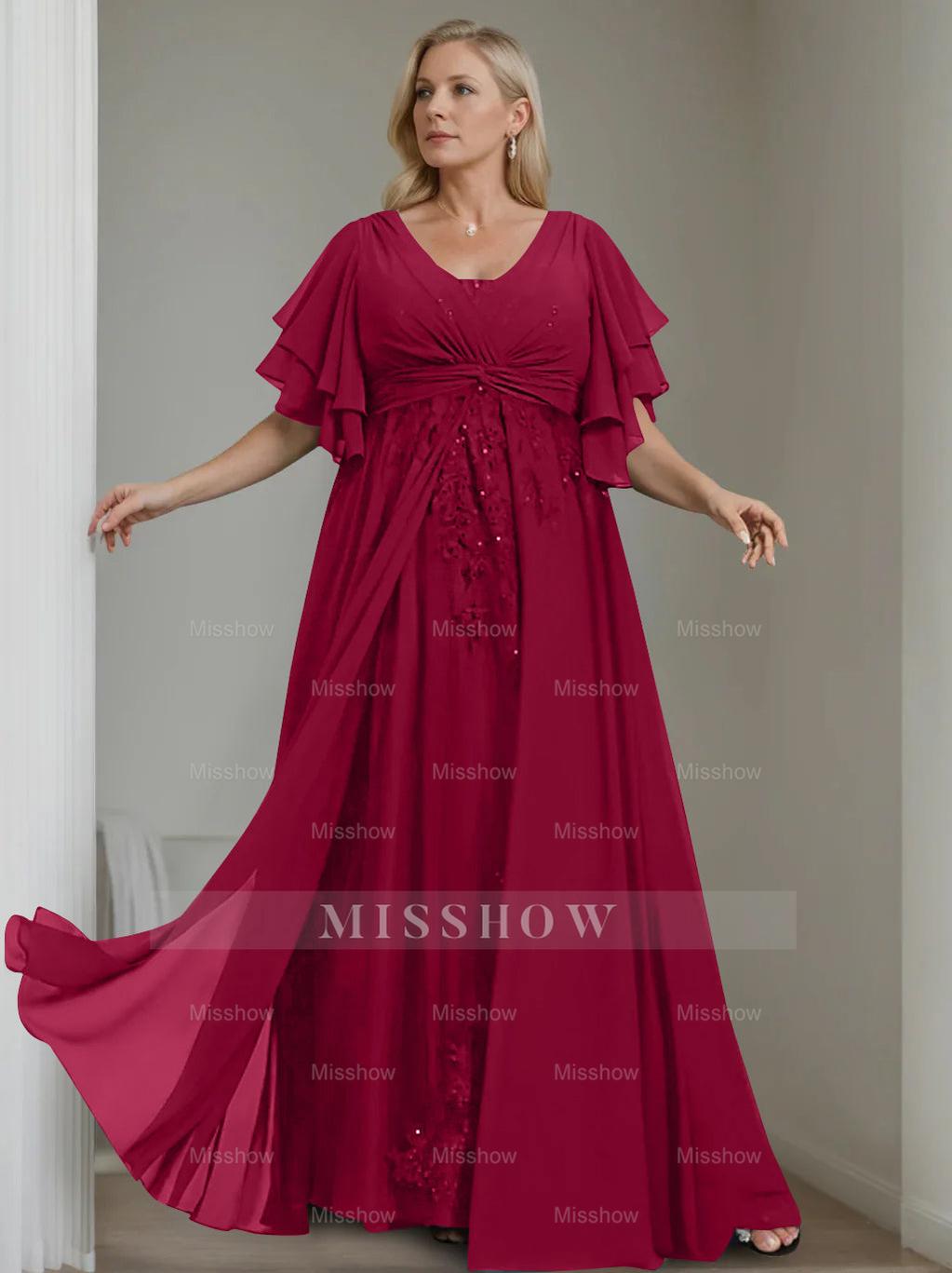 Unique Plus Size V-Neck A-Line Princess Floor-Length Mother of the Bride Dress with Sequins and Half Sleeve Ruffles