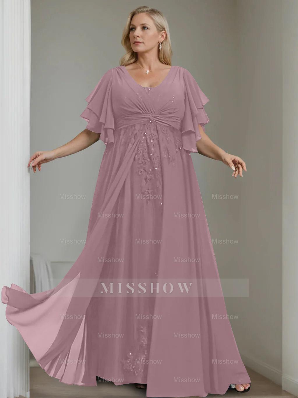 Unique Plus Size V-Neck A-Line Princess Floor-Length Mother of the Bride Dress with Sequins and Half Sleeve Ruffles