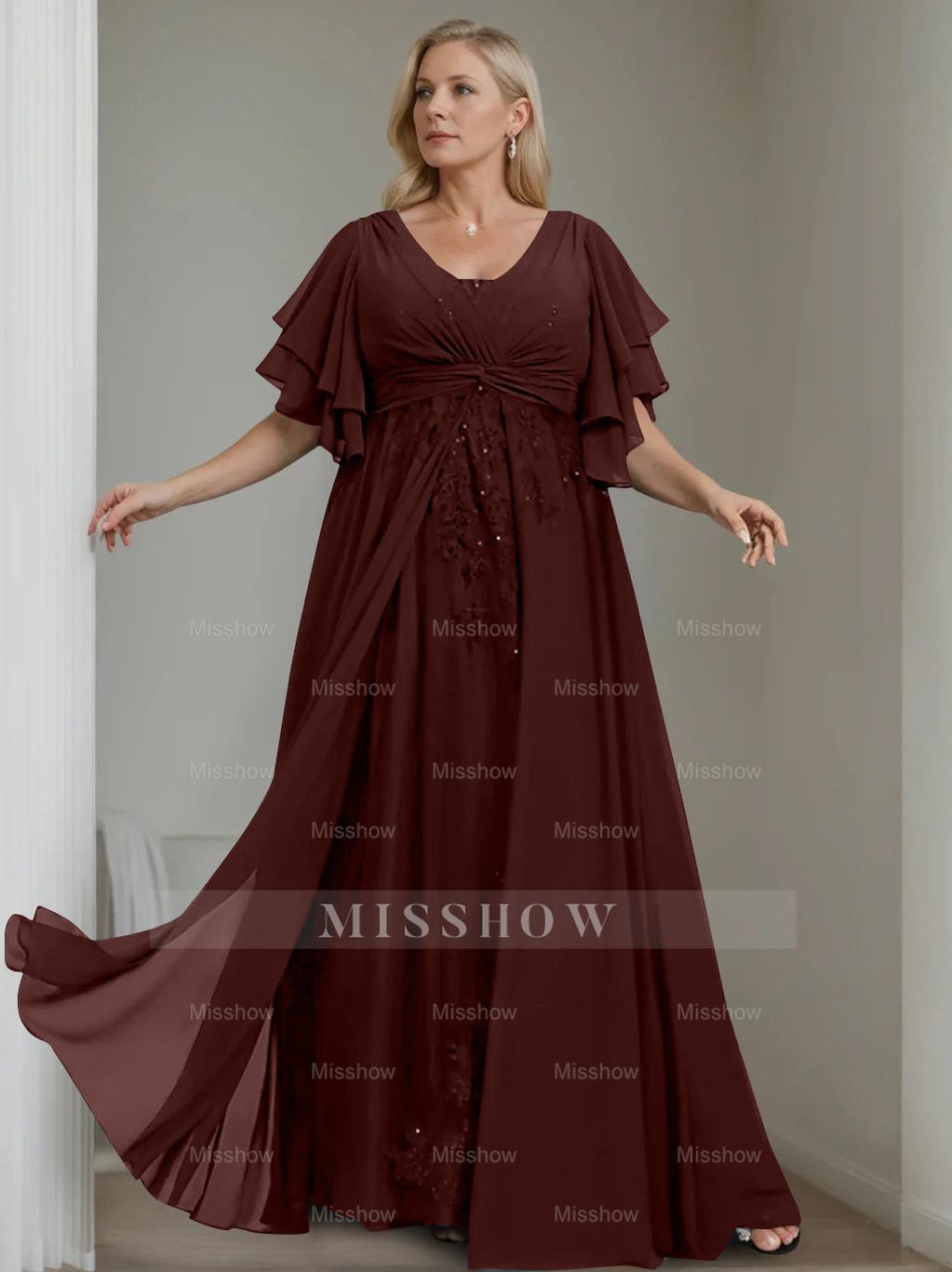 Unique Plus Size V-Neck A-Line Princess Floor-Length Mother of the Bride Dress with Sequins and Half Sleeve Ruffles