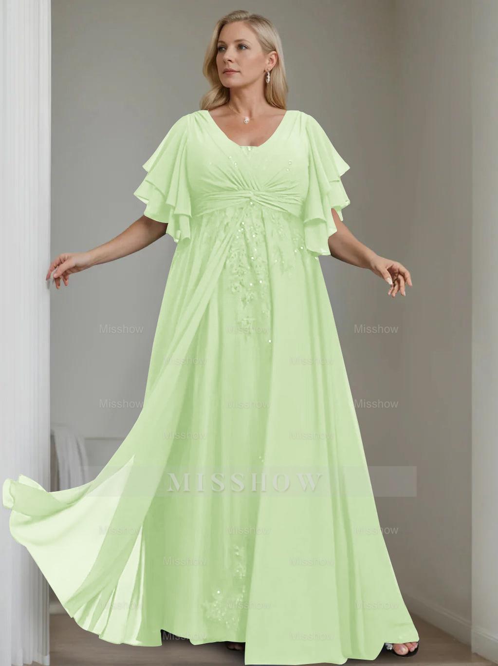 Unique Plus Size V-Neck A-Line Princess Floor-Length Mother of the Bride Dress with Sequins and Half Sleeve Ruffles