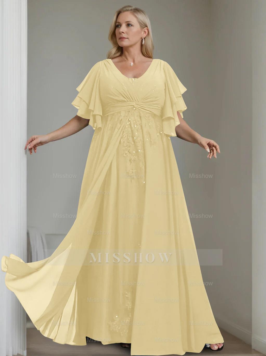Unique Plus Size V-Neck A-Line Princess Floor-Length Mother of the Bride Dress with Sequins and Half Sleeve Ruffles