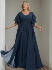 Unique Plus Size V-Neck A-Line Princess Floor-Length Mother of the Bride Dress with Sequins and Half Sleeve Ruffles