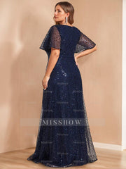 Unique Plus Size V-Neck A-Line Princess Floor-Length Mother of the Bride Dress with Sequins and Short Sleeves