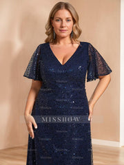 Unique Plus Size V-Neck A-Line Princess Floor-Length Mother of the Bride Dress with Sequins and Short Sleeves