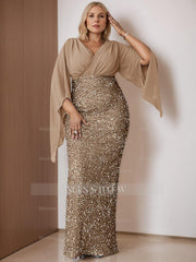 Unique Plus Size V-Neck Floor-Length Mother of the Bride Dress with Flare Sleeves and Sequined Sheath/Column Design