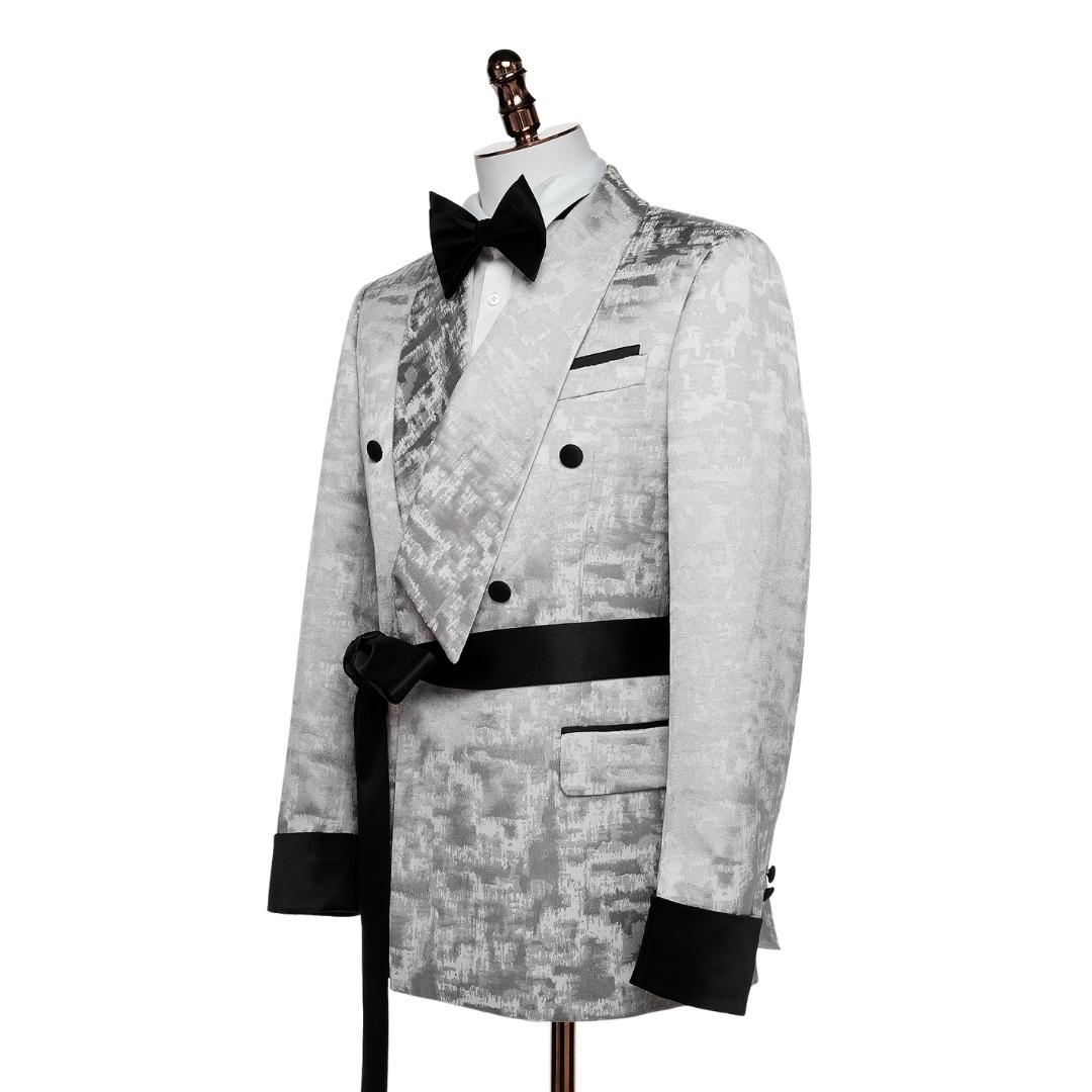 Unique Silver Jacquard Shawl Collar Double-Breasted Wedding Suit