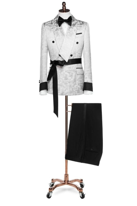 Unique Silver Jacquard Shawl Collar Double-Breasted Wedding Suit