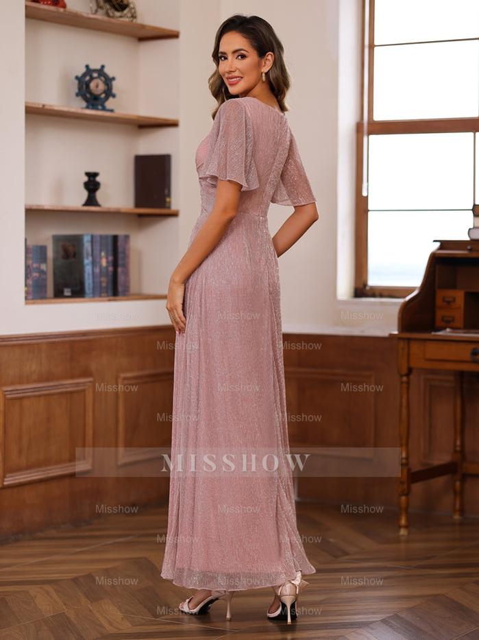 Unique V-Neck A-Line Princess Ankle-Length Mother of the Bride Dresses with Ruffles and Short Sleeves Unique V-Neck A-Line Princess Ankle-Length Mother of the Bride Dresses with Ruffles and Short Sleeves