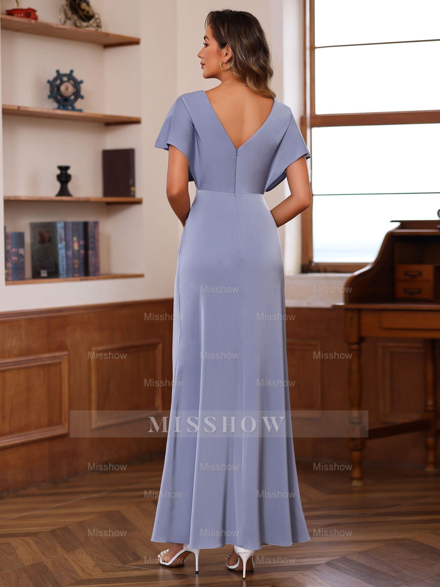 Unique V-Neck A-Line Princess Floor-Length Mother of the Bride Dress with Short Sleeves and Ruffles