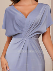 Unique V-Neck A-Line Princess Floor-Length Mother of the Bride Dress with Short Sleeves and Ruffles