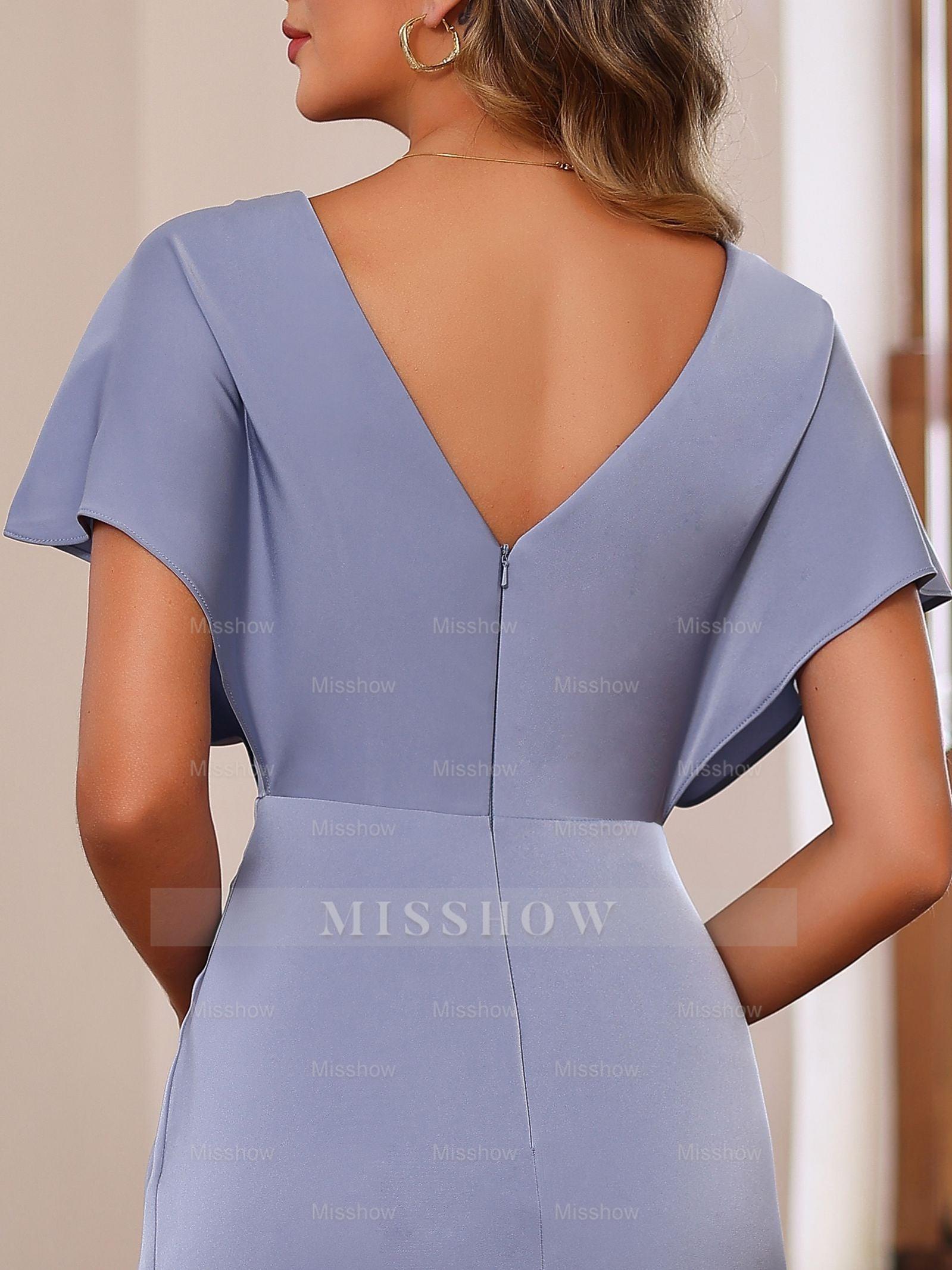 Unique V-Neck A-Line Princess Floor-Length Mother of the Bride Dress with Short Sleeves and Ruffles