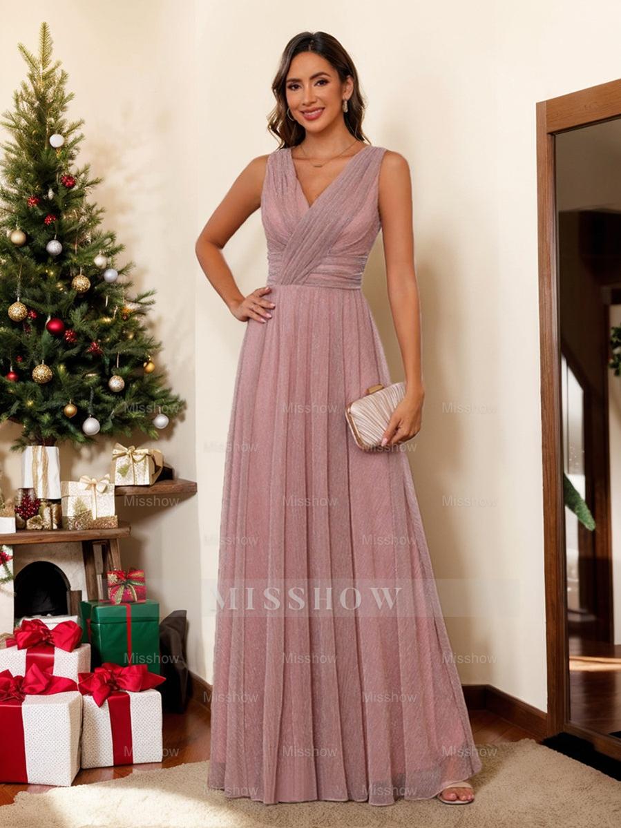 Unique V-Neck Sleeveless Floor-Length A-Line Mother of the Bride Dress with Ruffles