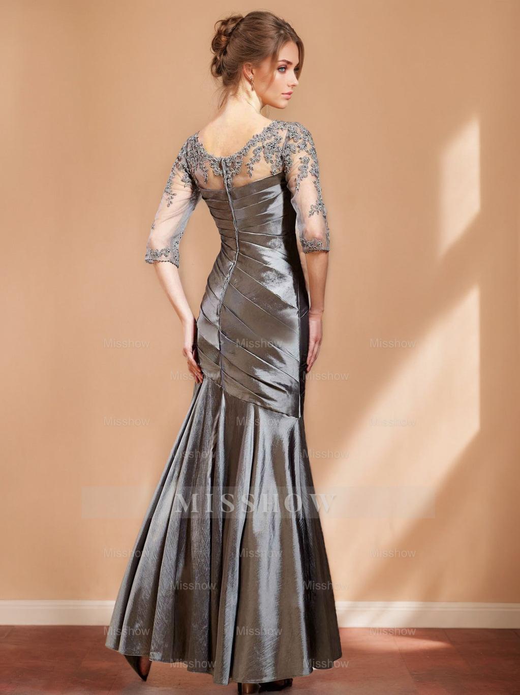 Unique V-Neck Trumpet/Mermaid Mother of the Bride Dress with 3/4 Sleeves Floor-Length Design Appliques & Ruching