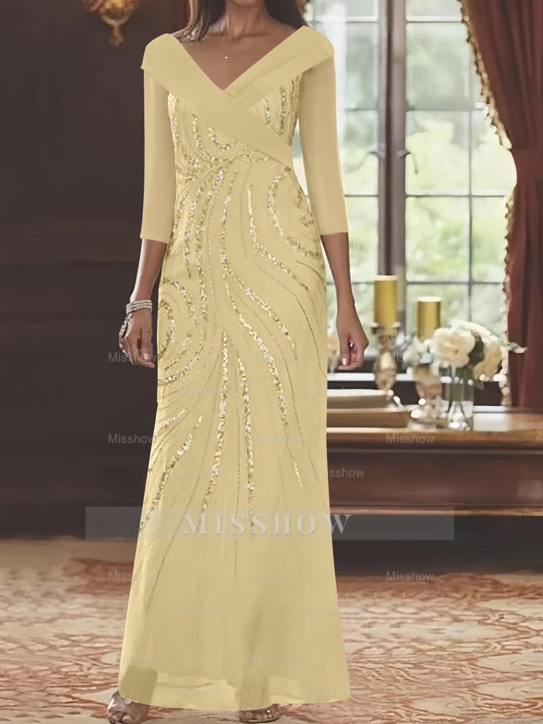 V-Neck 3/4 Sleeve Floor-Length Sequined Mother of the Bride Sheath Dress