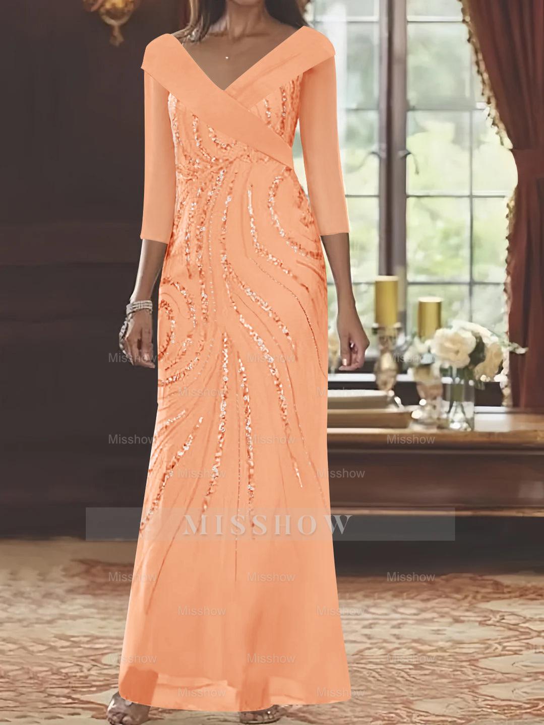 V-Neck 3/4 Sleeve Floor-Length Sequined Mother of the Bride Sheath Dress