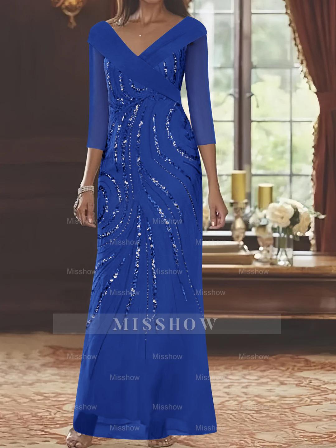 V-Neck 3/4 Sleeve Floor-Length Sequined Mother of the Bride Sheath Dress