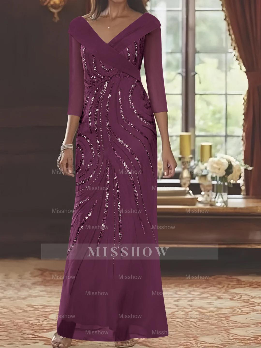 V-Neck 3/4 Sleeve Floor-Length Sequined Mother of the Bride Sheath Dress