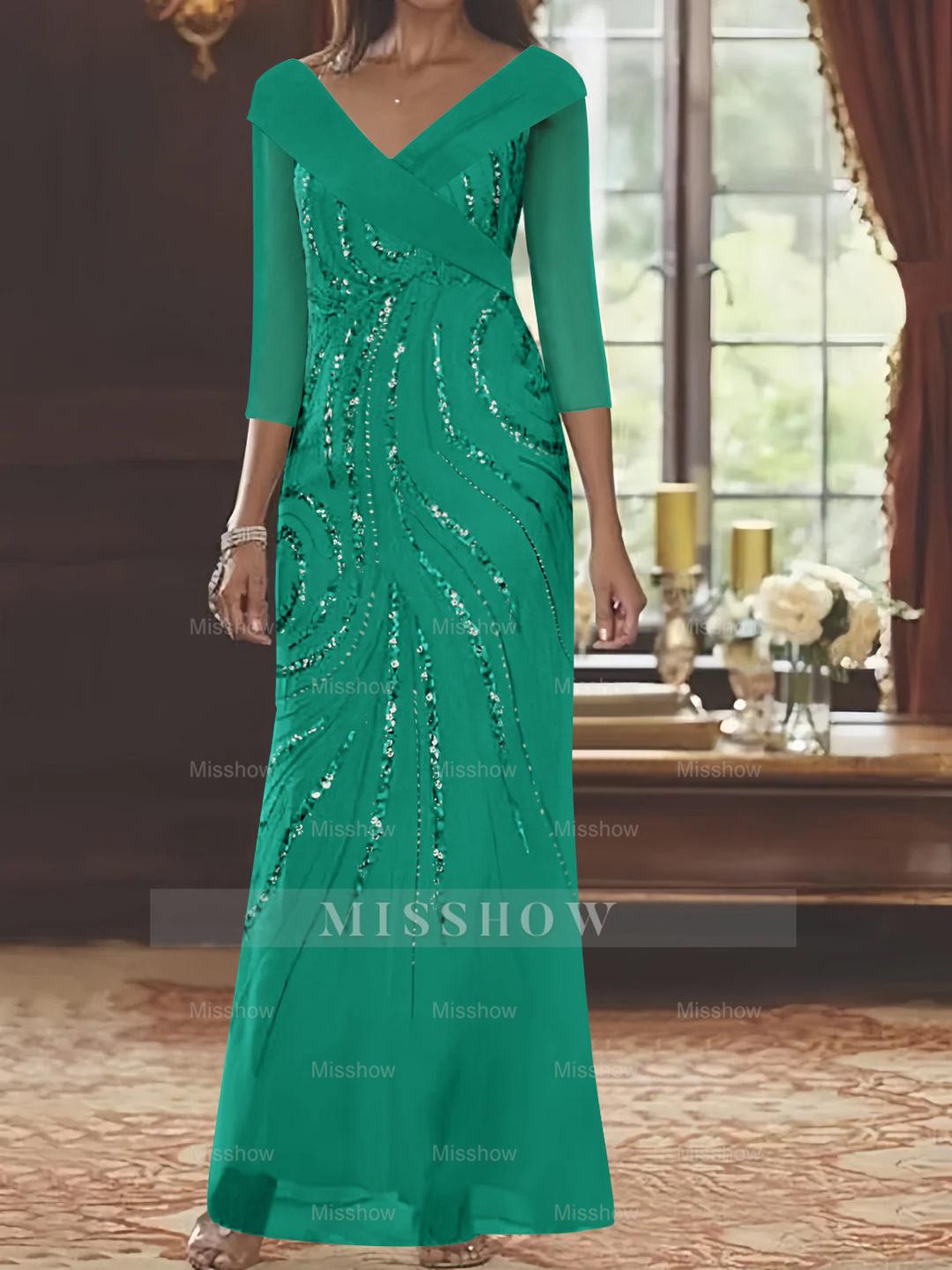 V-Neck 3/4 Sleeve Floor-Length Sequined Mother of the Bride Sheath Dress