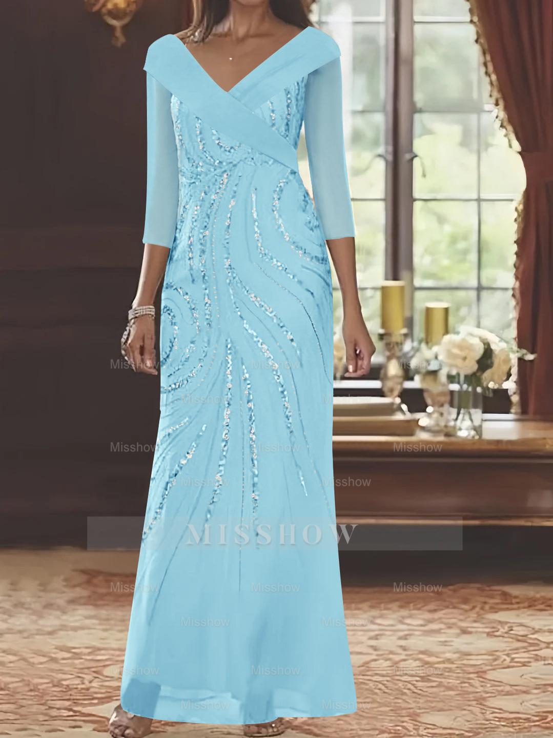V-Neck 3/4 Sleeve Floor-Length Sequined Mother of the Bride Sheath Dress