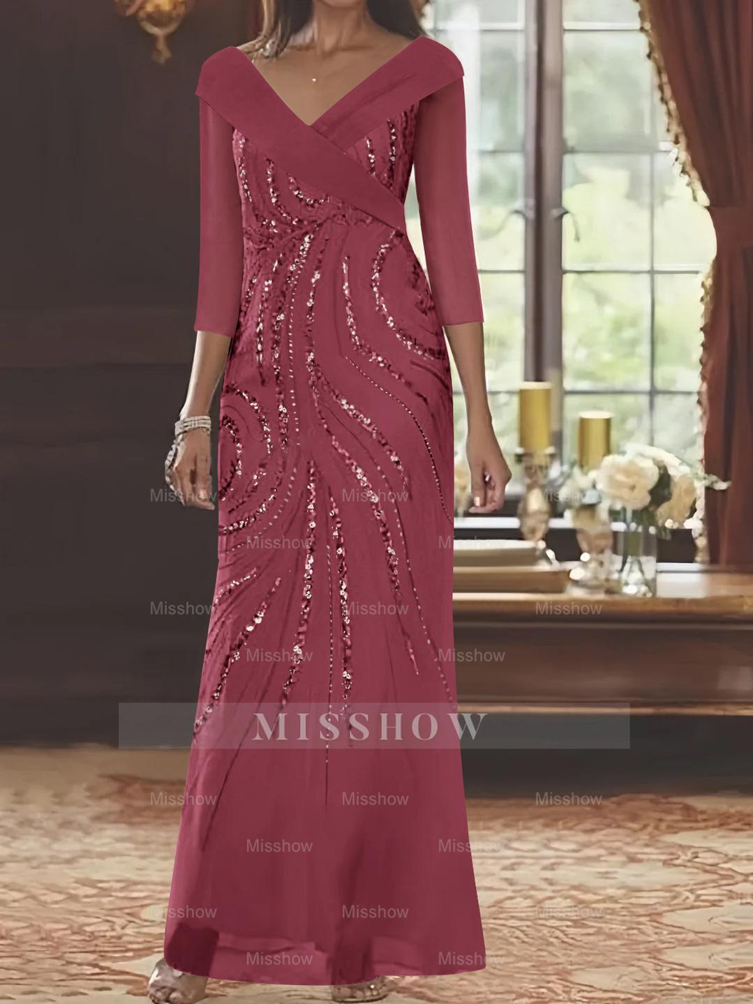 V-Neck 3/4 Sleeve Floor-Length Sequined Mother of the Bride Sheath Dress