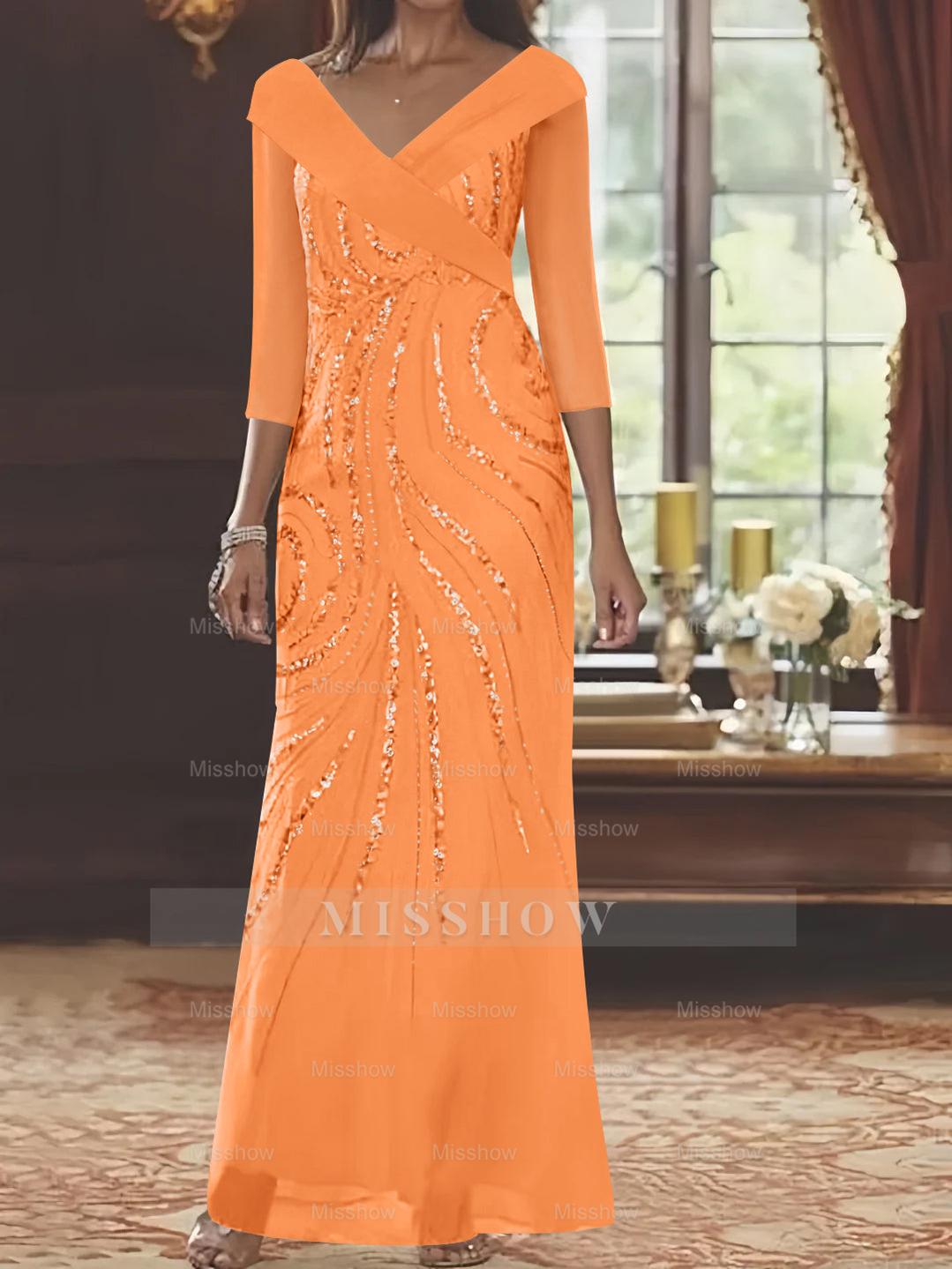 V-Neck 3/4 Sleeve Floor-Length Sequined Mother of the Bride Sheath Dress