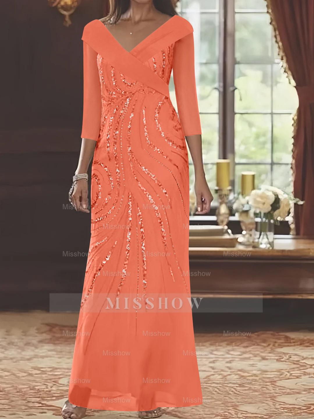 V-Neck 3/4 Sleeve Floor-Length Sequined Mother of the Bride Sheath Dress