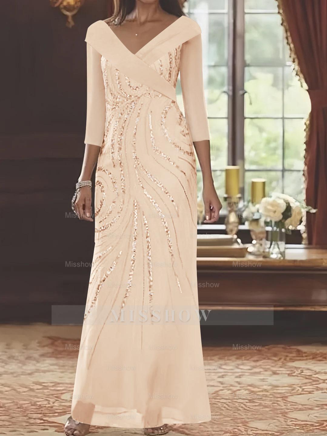 V-Neck 3/4 Sleeve Floor-Length Sequined Mother of the Bride Sheath Dress