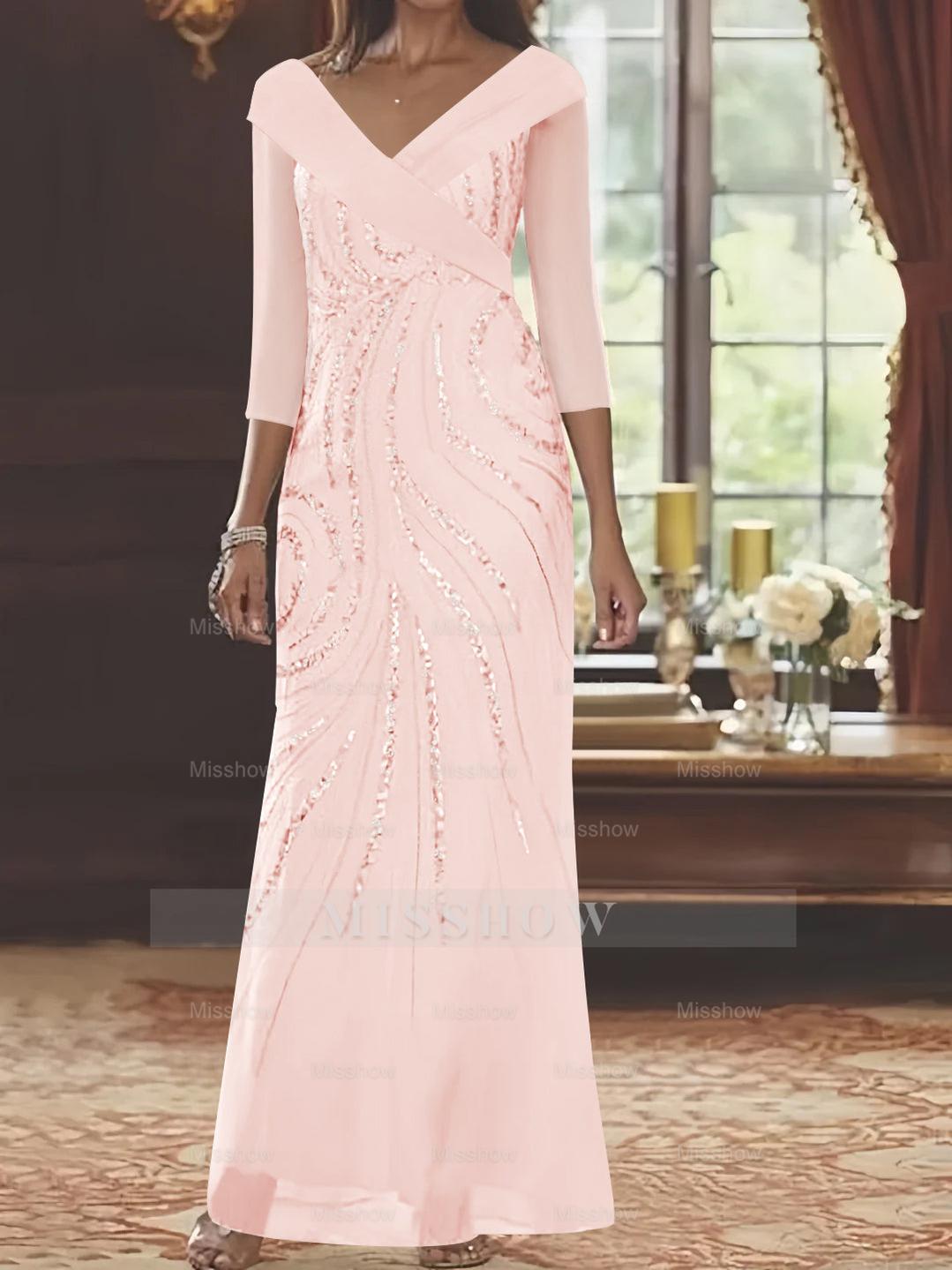 V-Neck 3/4 Sleeve Floor-Length Sequined Mother of the Bride Sheath Dress