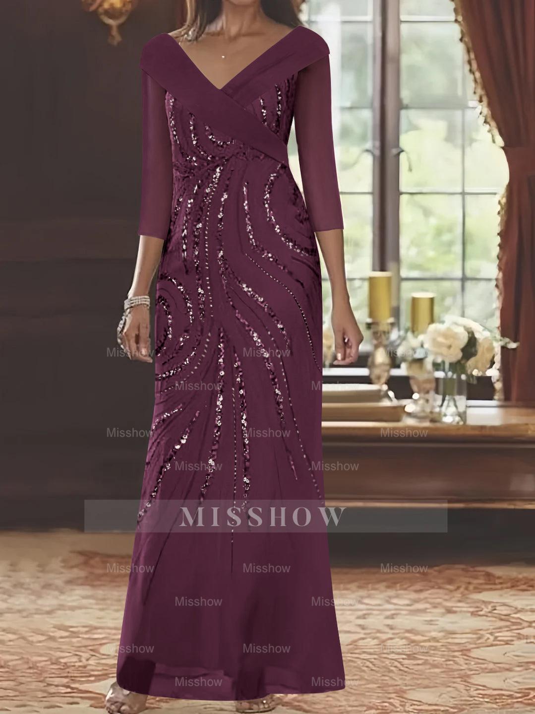 V-Neck 3/4 Sleeve Floor-Length Sequined Mother of the Bride Sheath Dress
