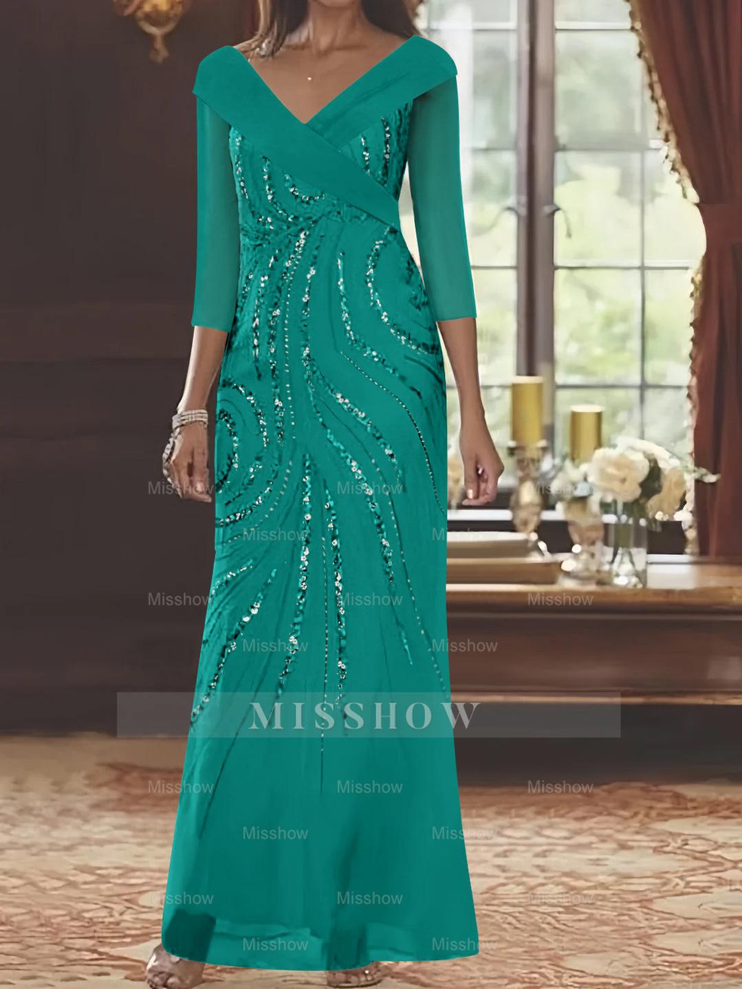 V-Neck 3/4 Sleeve Floor-Length Sequined Mother of the Bride Sheath Dress