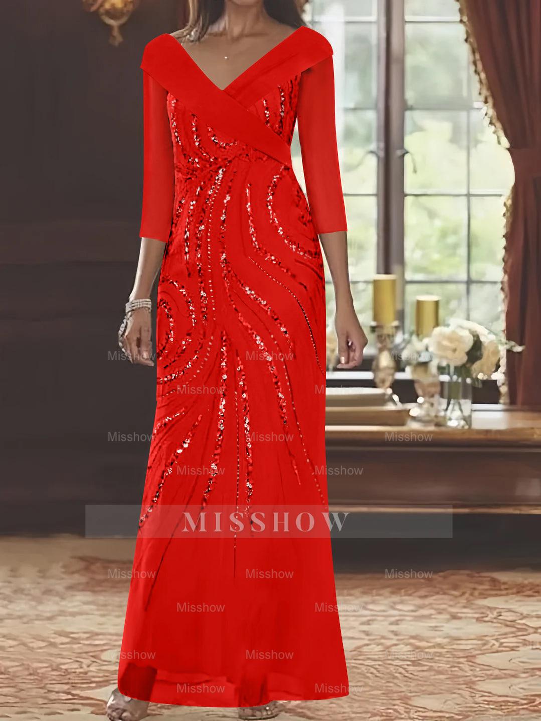V-Neck 3/4 Sleeve Floor-Length Sequined Mother of the Bride Sheath Dress