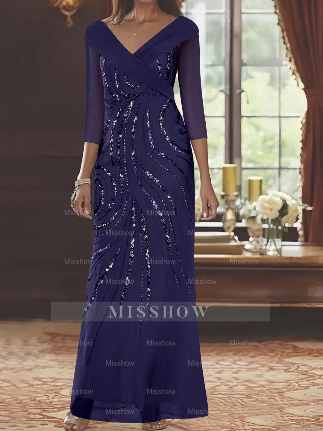 V-Neck 3/4 Sleeve Floor-Length Sequined Mother of the Bride Sheath Dress