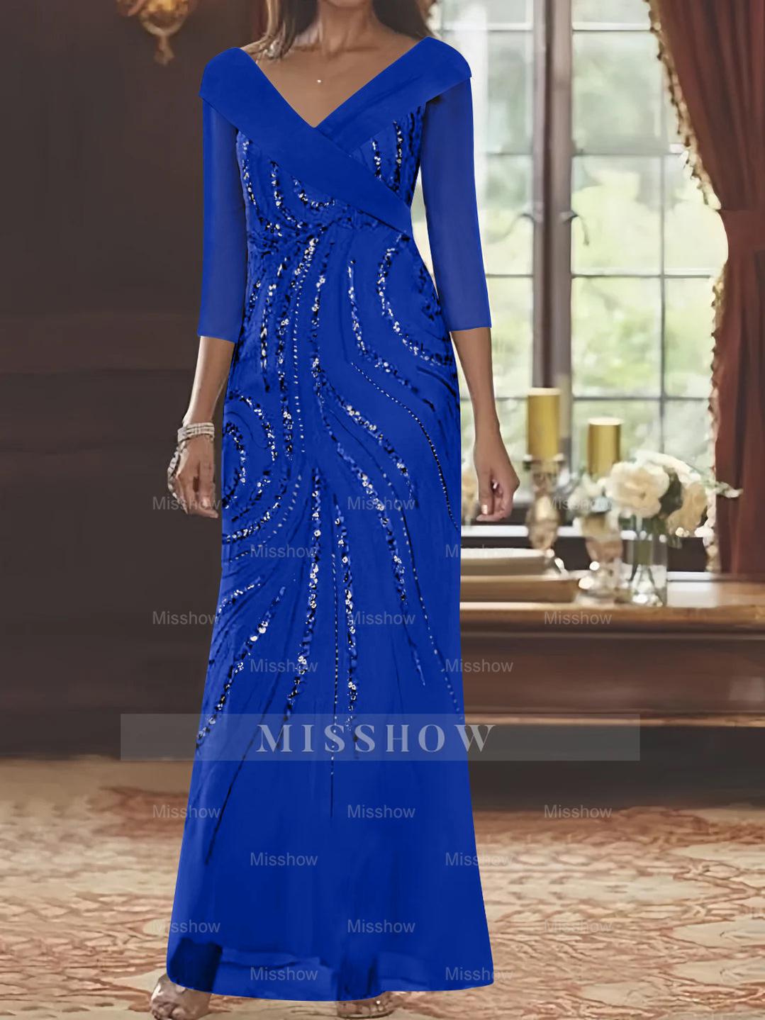 V-Neck 3/4 Sleeve Floor-Length Sequined Mother of the Bride Sheath Dress