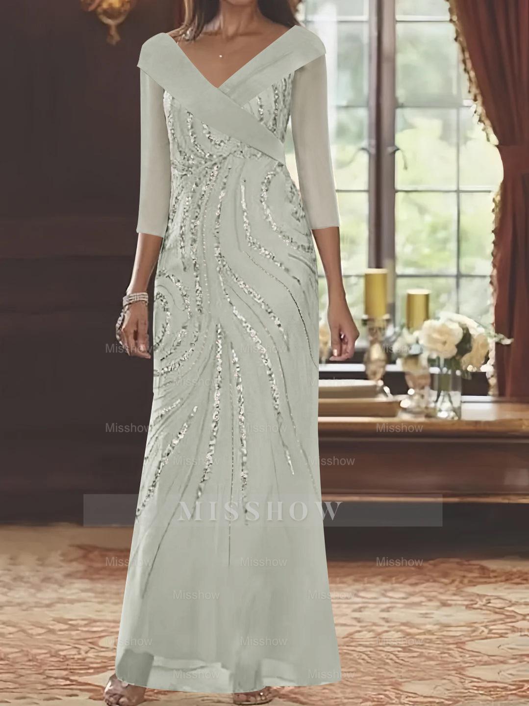 V-Neck 3/4 Sleeve Floor-Length Sequined Mother of the Bride Sheath Dress