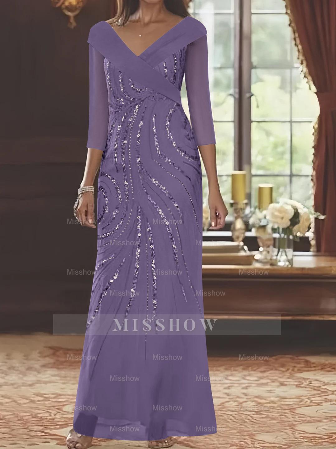 V-Neck 3/4 Sleeve Floor-Length Sequined Mother of the Bride Sheath Dress
