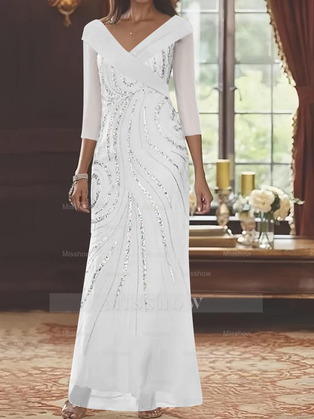 V-Neck 3/4 Sleeve Floor-Length Sequined Mother of the Bride Sheath Dress