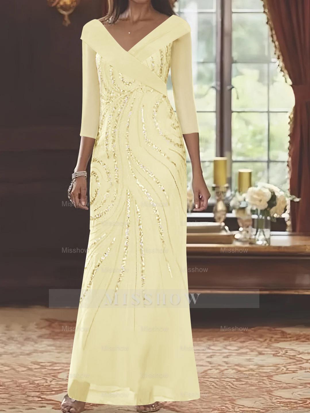 V-Neck 3/4 Sleeve Floor-Length Sequined Mother of the Bride Sheath Dress