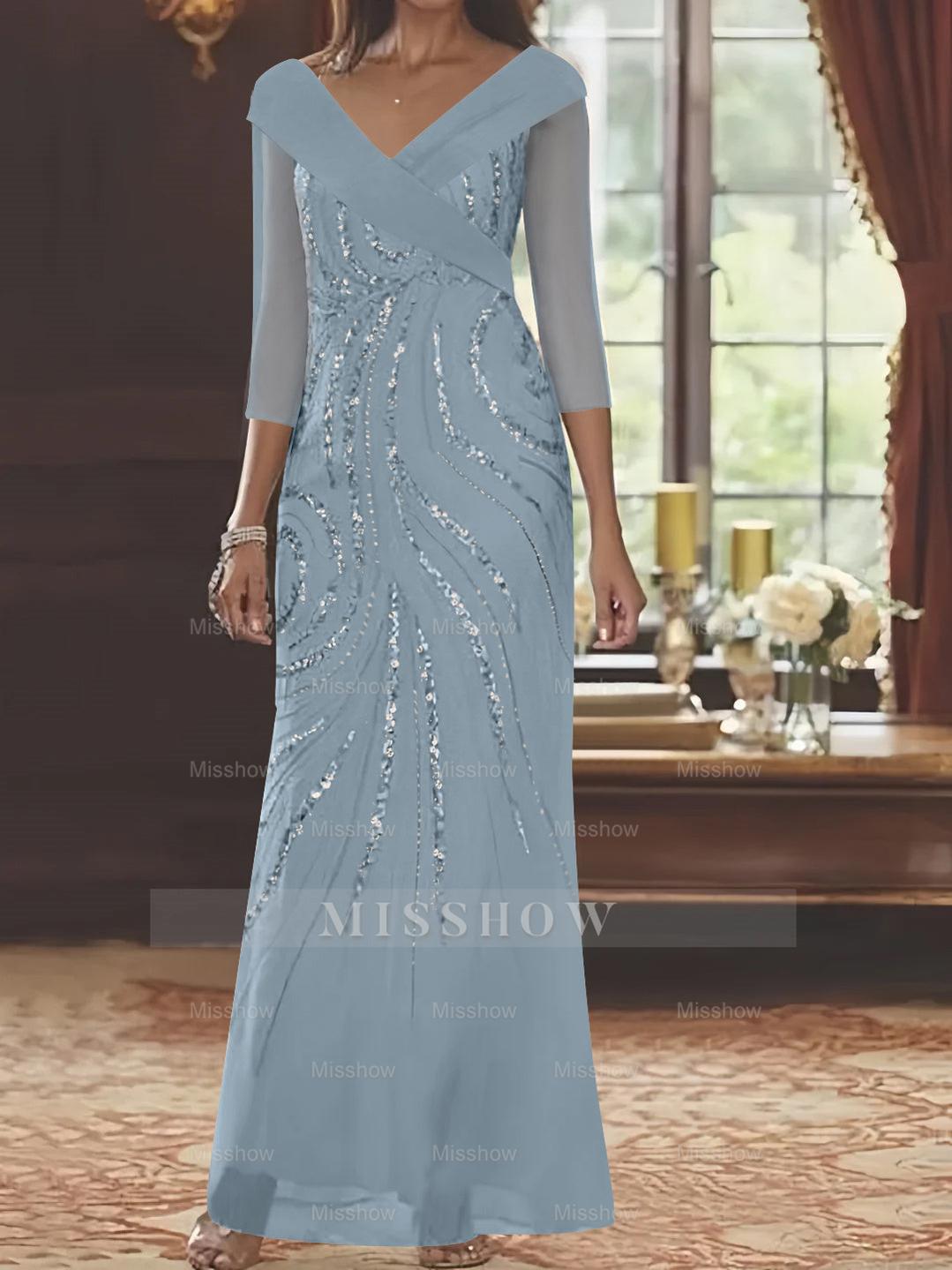 V-Neck 3/4 Sleeve Floor-Length Sequined Mother of the Bride Sheath Dress